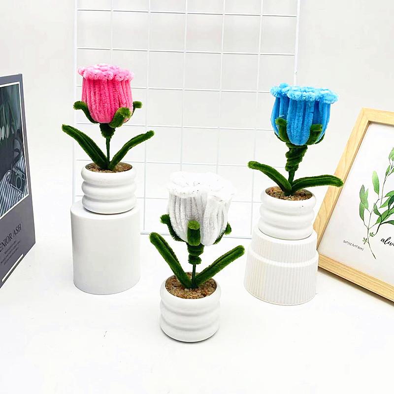 Multi Colored Plush Twisted Rod Rose Potted Desktop Decoration Ornament For Office Decor