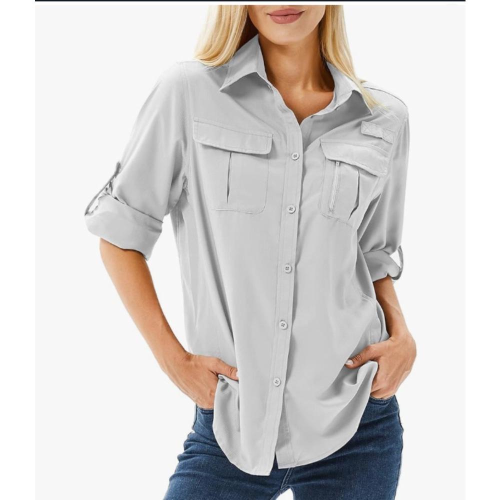 Women's Collared Long‑Sleeve Quick‑Dry Breathable Utility Shirt With Dual Chest Pockets For Outdoor Wear
