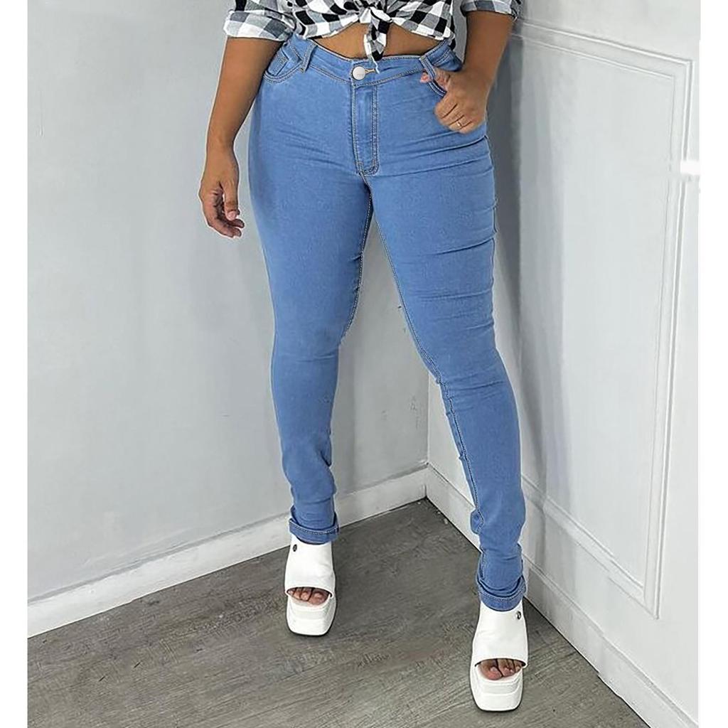 Women's Plus Size High Stretch Blue Pencil Jeans High Waist Straight Full Length Washed Denim Pants Skinny Fit for Mom Daughter