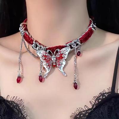Red Velvet Butterfly Tassel Necklace, Women's Sweet And Cool Temperament, Fashionable And Luxurious Design, Collarbone Chain