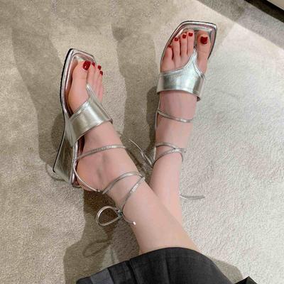 BCEBYL Fashion Square Toe Wedge Cross Strap Sandals New Fashion Summer Casual Elegance Shoes for Women Chaussure Femme