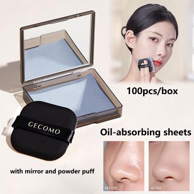 100 Sheets Portable Face Oil Absorbing Sheets with Mirror Case & Puff,Oil Blotting Paper Facial Care Absorbs Face Oil Unisex