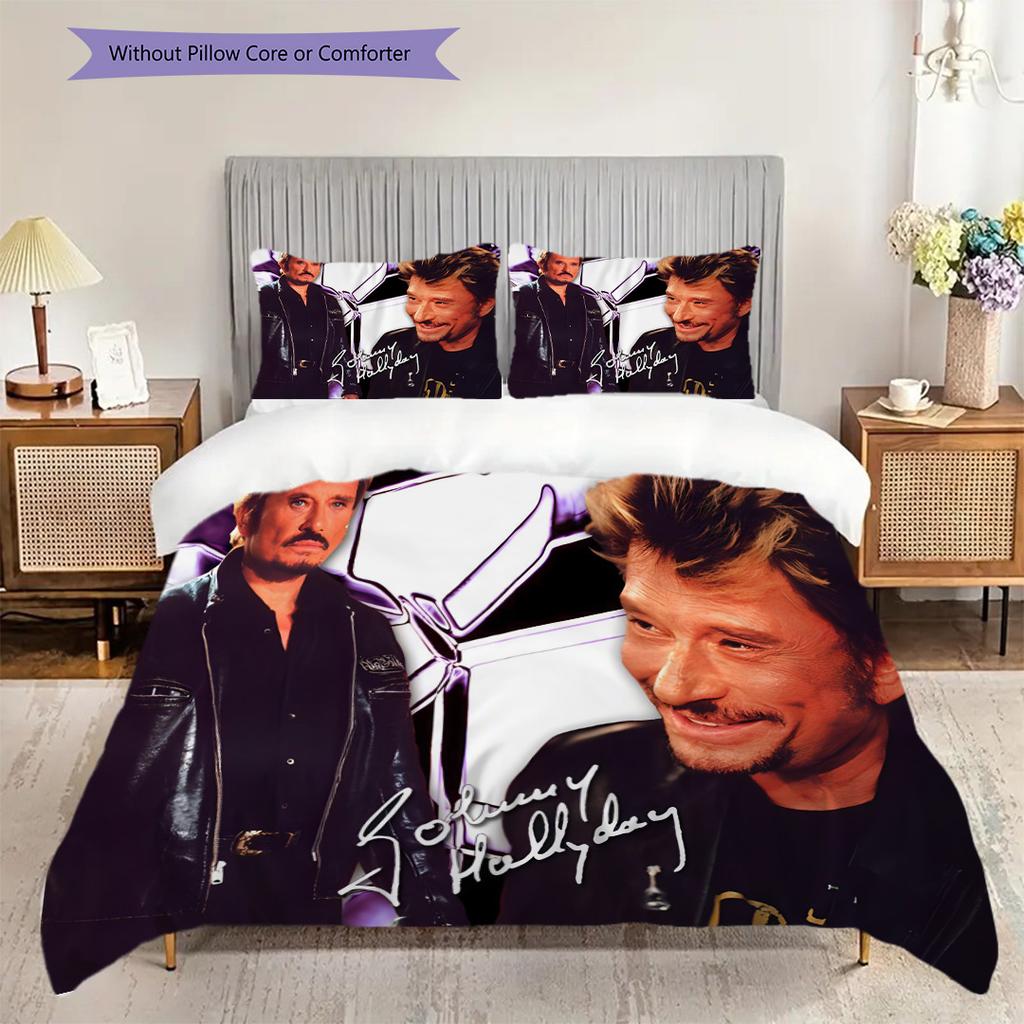 Rock Legend Johnny Hallyday Three-piece set (1 * duvet cover + 2 * pillowcase, without core) 2D Flat Bedding set Duvet cover and pillowcase