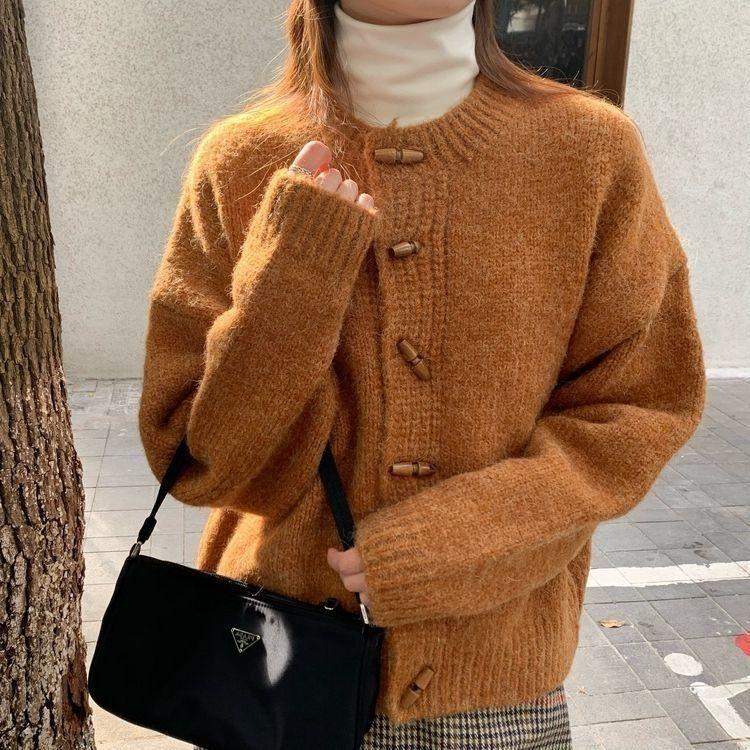 Women Spring Autumn Vintage Soft Supple Round Neck Sweater Knitted Cardigan Jacket  Idle Style Top