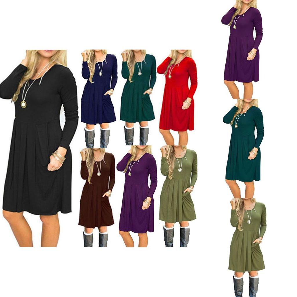 Women's Casual Swing T Shirt Dress Long Sleeve Pocket Loose Tunic For Effortless Style