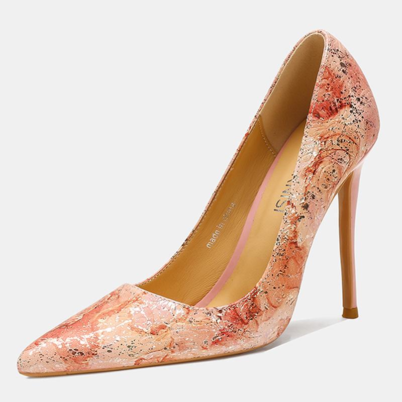 

Women Cowhide High Heel Shoes Printed Leather Versatile Pumps for Office Nightclub Party Pub Banquet Catwalk Cross Dressing Sz46 46 рожевий