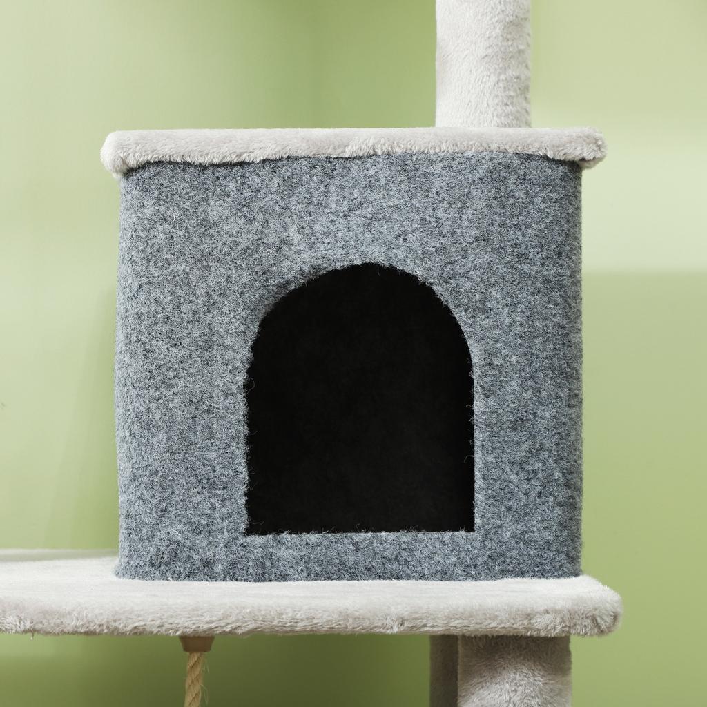 132cm Cat Tree W/ Scratching Posts, Pad, Cat Bed, Cat House, Jumping Platform, Grooming Brush, Anti-Tip Kit, Light Grey