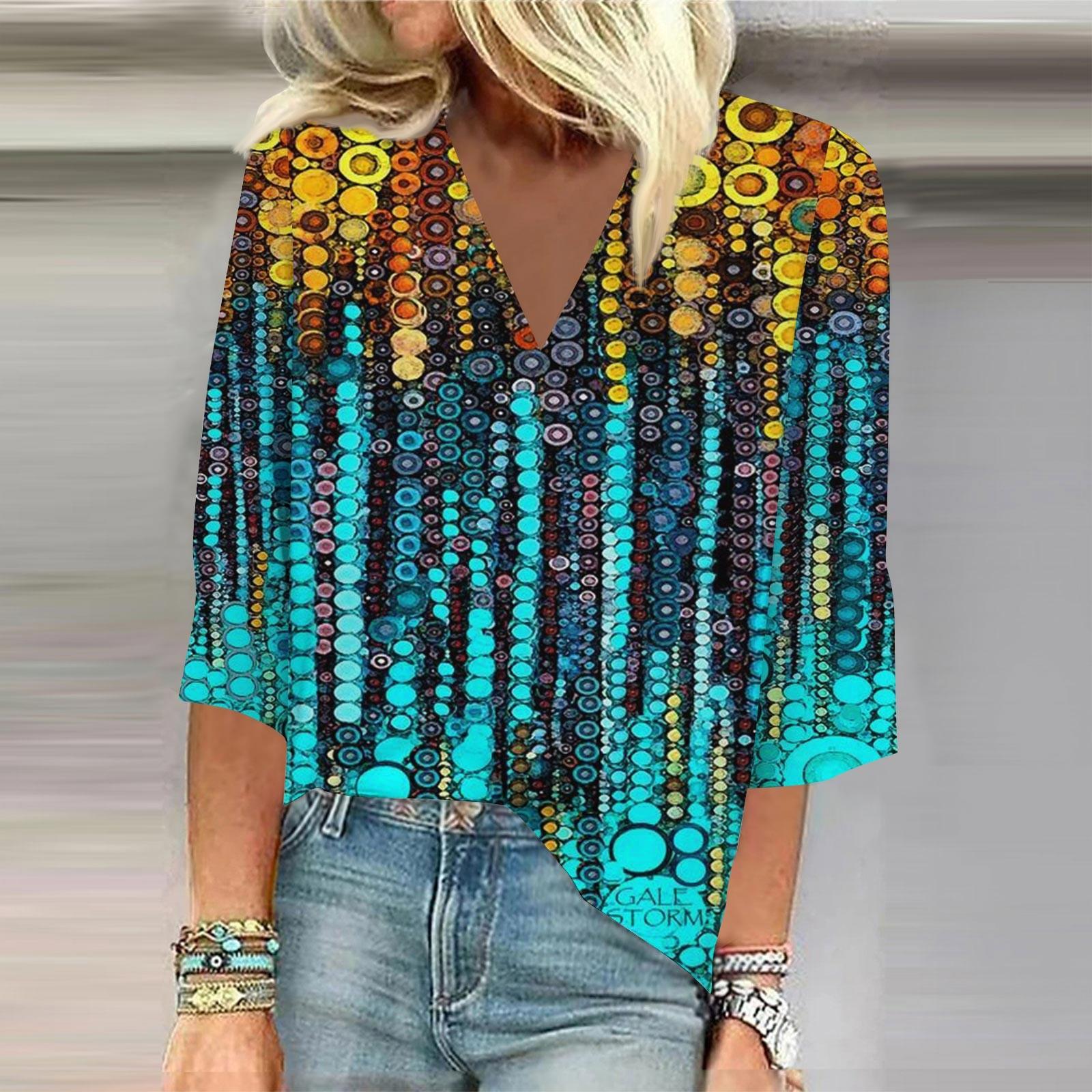 Women s Shirt Blouse Casual Loose Shirts 3/4 Sleeve Print V Neck Tops Print Tops T-shirts Tee XXL