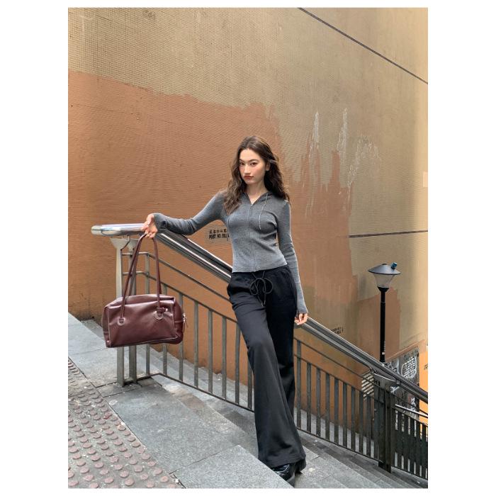 2025 Trendy Women s Gray Drawstring Hooded Slimming Cropped Top with Double Zipper Design Large серый