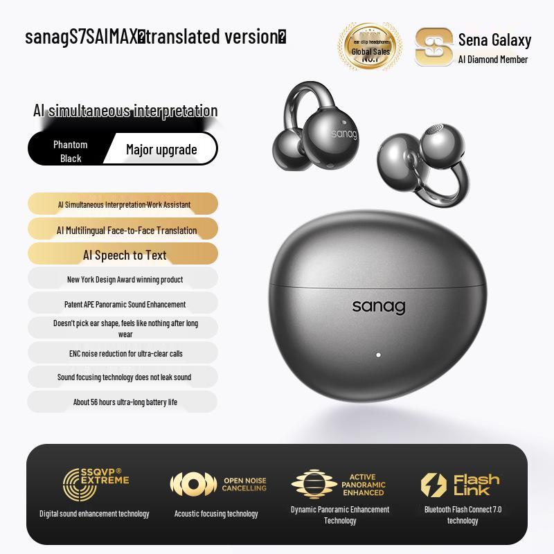 Sanag S7S Bluetooth Ear Clip Earphones with AI Translation and Air Conduction for 2025 Sports - Open, Not In-Ear Design