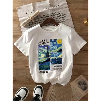 Damski T-shirt z nadrukiem artystycznym Van Gogha "Gwieździsta noc" inspirowany rokiem 1898, z krótkim rękawem, z okrągłym dekoltem, dopasowany, casualowy, z artystycznym napisem