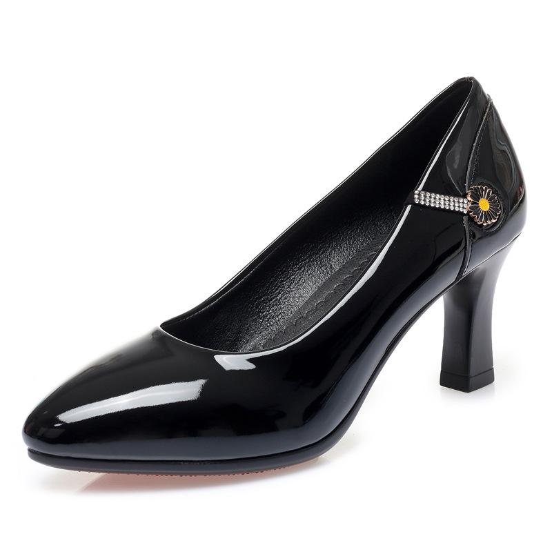 Spring new round toe high heels, thick heels, patent leather women's professional work shoes, temperament, four seasons bright leather shoes