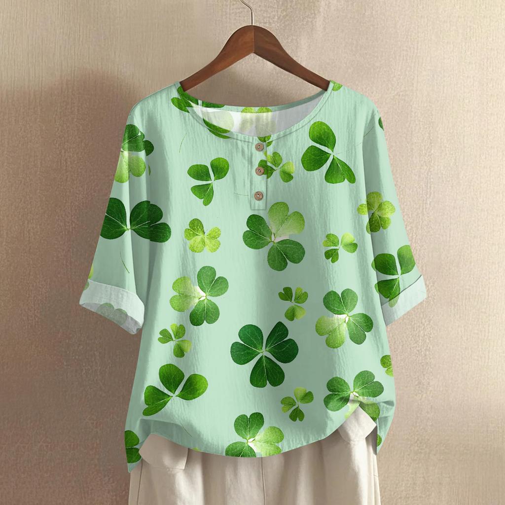 Women's Fashionable And Casual Shirt 3/4 Sleeve Round Neck Print Blouse Top