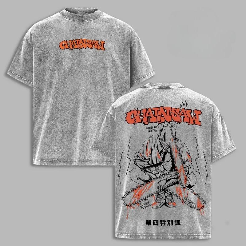 Denji Pochita Chainsaw Man Anime Clothing Men Women Oversized T-shirts Vintage Washed T Shirt Casual Cotton Tshirt Harajuku Tops