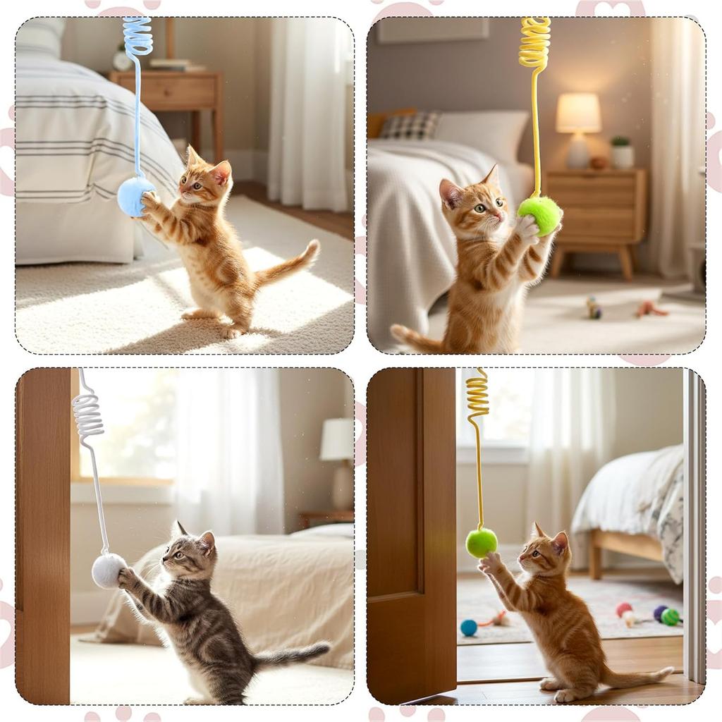 4PCS Cat Spring Toys, Hanging Fluffy Cat Ball Toys with Bell Stretchable Interactive Cats Teaser Soft Plush Interactive Cat Toy for Indoor Cats
