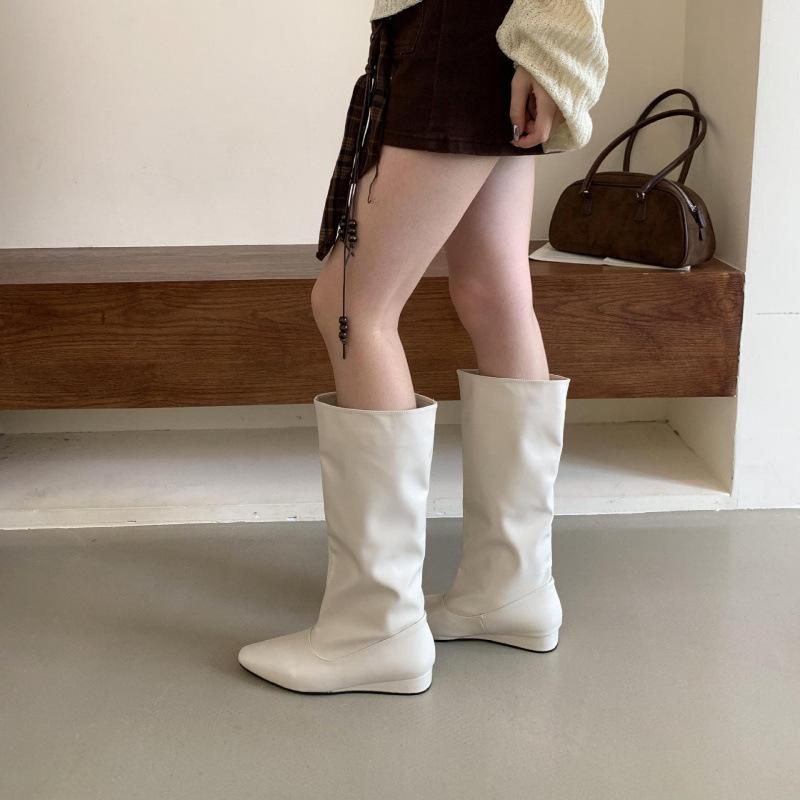 White trouser boots 2025 new Internet celebrity fat mm pointed wedge heel high tube but knee boots women