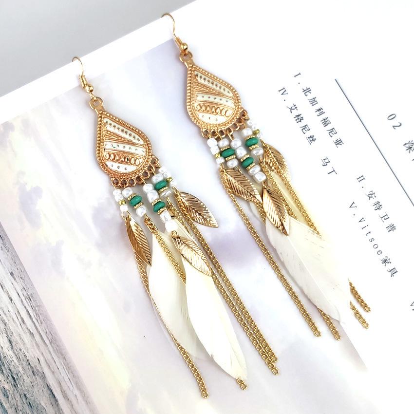 Bohemian Retro Tassel Water Drop Feather Earrings