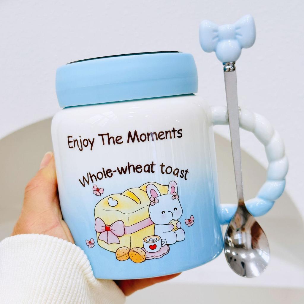 Little Rabbit Cartoon Ceramic Cup with Lid for Girls with High Temperature Mug Cute Creative Water Cup Office Gift Cup