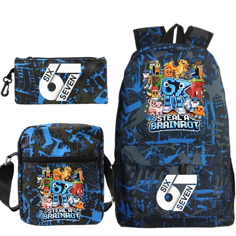 3 Stück 67 Sechs Sieben Bedrucktes Rucksack Federmäppchen Umhängetaschen Set Mode Große Kapazität Schultasche für Jungen Mädchen Kinder Rucksack