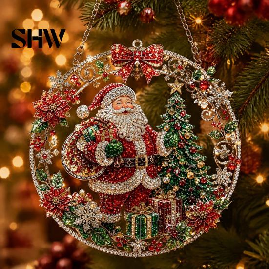Christmas Faux Diamond Art Ornament Kit Kit, Santa Angel Sun Catcher DIY Acrylic Textured Bead Round Board, 3D Craft for Adults, Festive Window