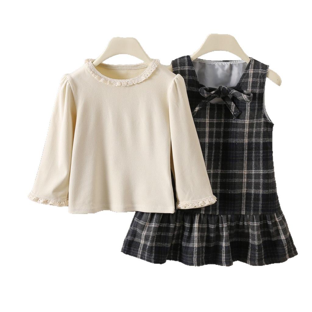 Girls' Outfit Spring and Autumn New Style Little  Style Plaid Skirt Baby Outfit Skirt Children's Two-Piece Set