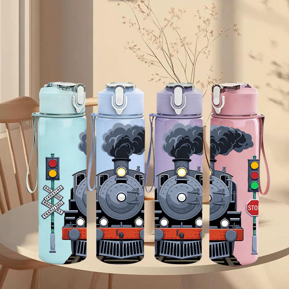 1PC Vintage Steam Train Graphic 750ml Color Plastic Water Bottle Leakproof Flip Straw Lid For Sports Office Home Use