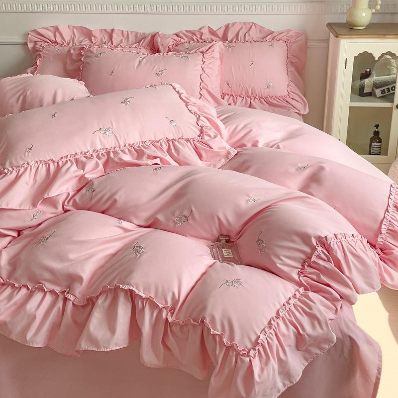 Prinsesse-stil blonder ren bomull firedelt sett koreansk versjon blonder broderi ensfarget vasket bomull dynetrekk sengetøy