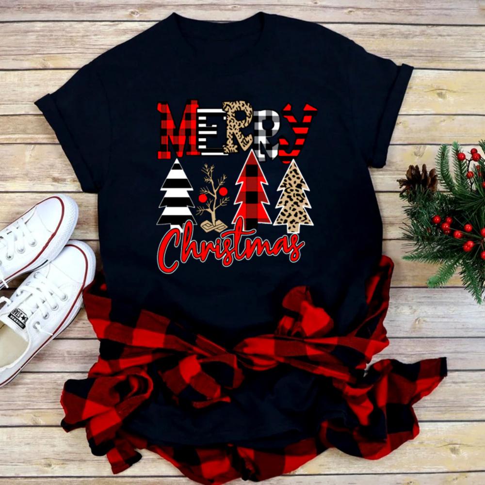 Casual Loose Fit Christmas Tshirt for Women Funny Cartoon Shiny Xmas Tree Print Top Holiday Festival Daily Streetwear Tee