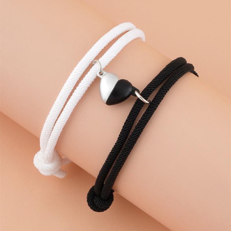 2 Pieces Set Fashion Black White Hand Rope Love Magnetic Couple Bracelet Best Friend Party Elegant Coppery Heart Charm Gift