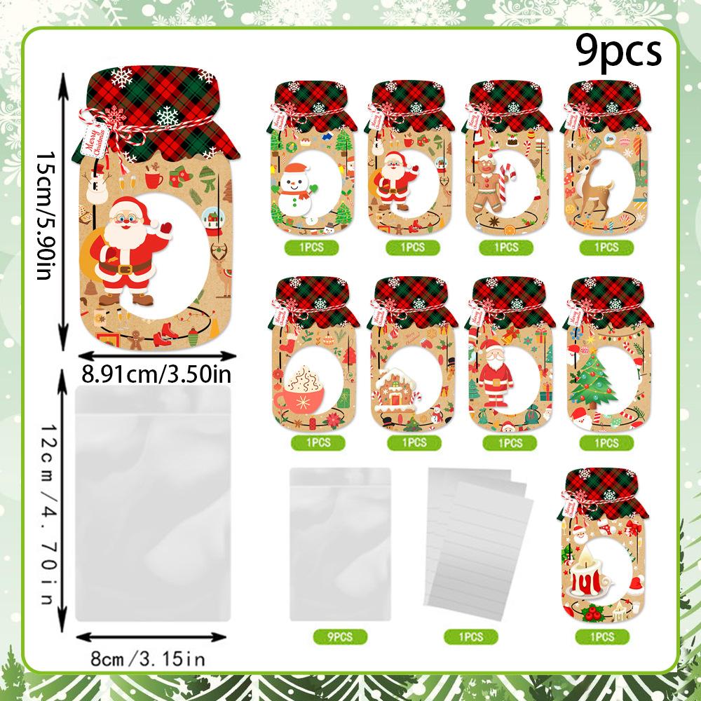

9pcs Christmas Holiday Mason Jar Gift Card Holders with Candy Cookie Bags Santa Claus Snowman Print Gift Packaging Bag New Year