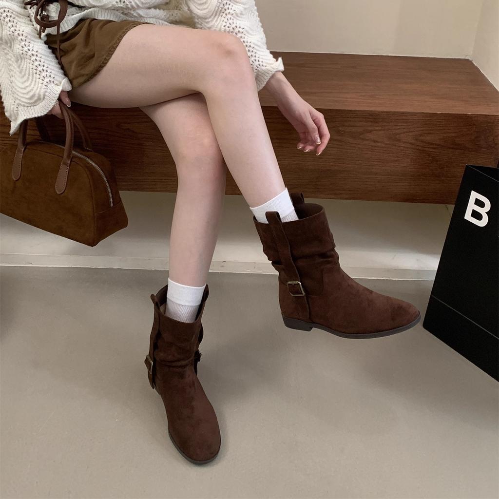 Flat Bottom Pleated Suede Pile Boots Women's Vintage Western Cowboy Medium Boots Martin Boots Autumn/Winter Chelsea Short Boots