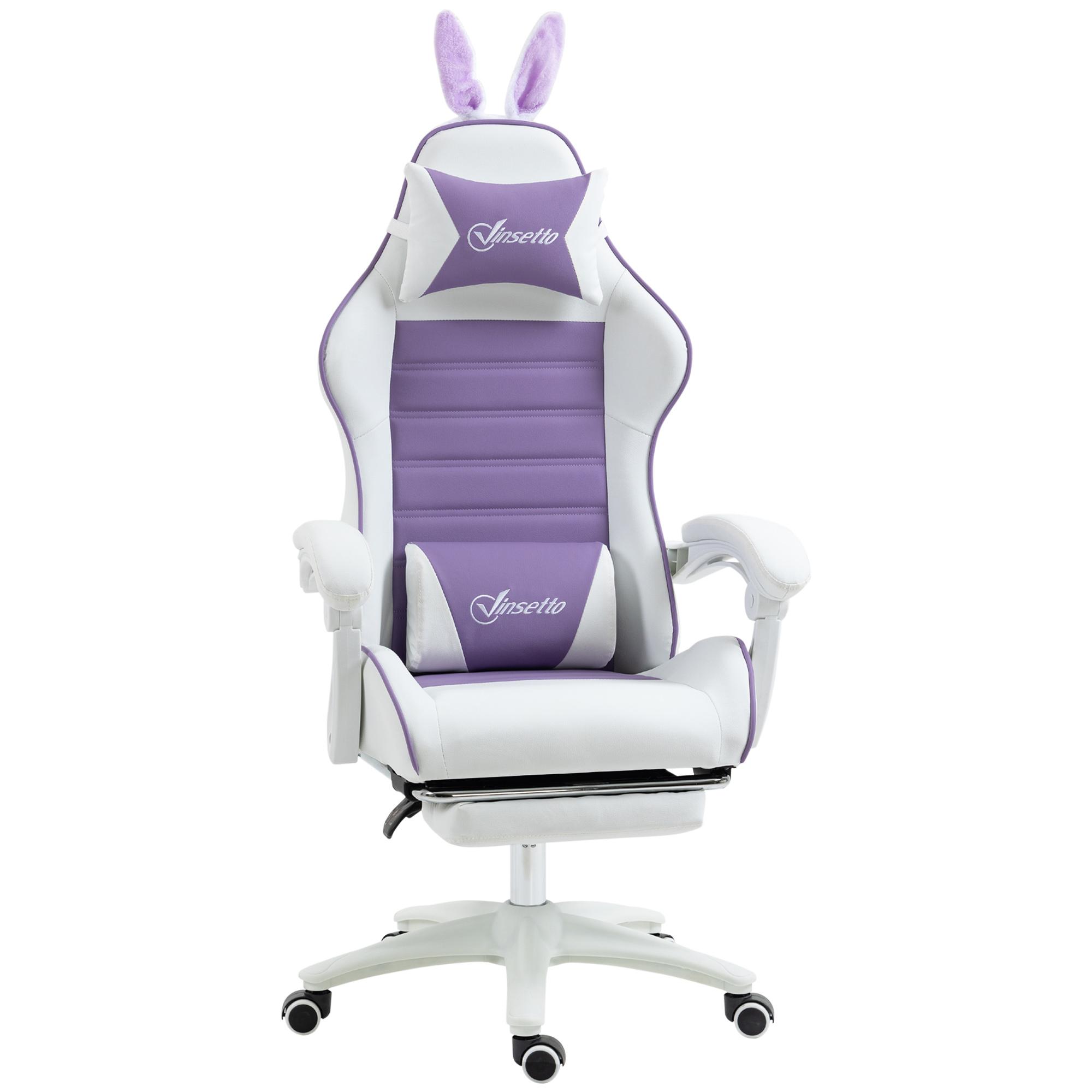 Játék szék, Ergonomikus gamer szék deréktámasszal, Lábzsámollyal, Nyuszi füles fejtámla párnával, Lila 65 x 63 x 142 cm