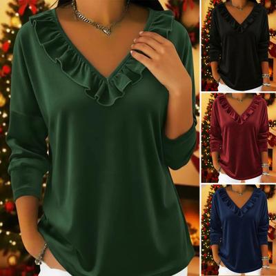 Women Tops V Neck Long Sleeve Ruffle Neckline Pullover Tops Solid Color Loose Fit Velvet Blouse Work Party Date Wear