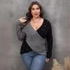 Women Plus Size Color Block Beaded Deep V Cross Long Sleeve Sweater