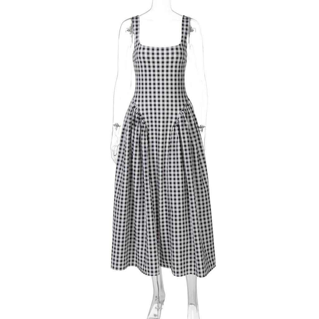 Women French Plaid Print Open Back Cami Maxi Dress Slim Fit Princess Party Dress