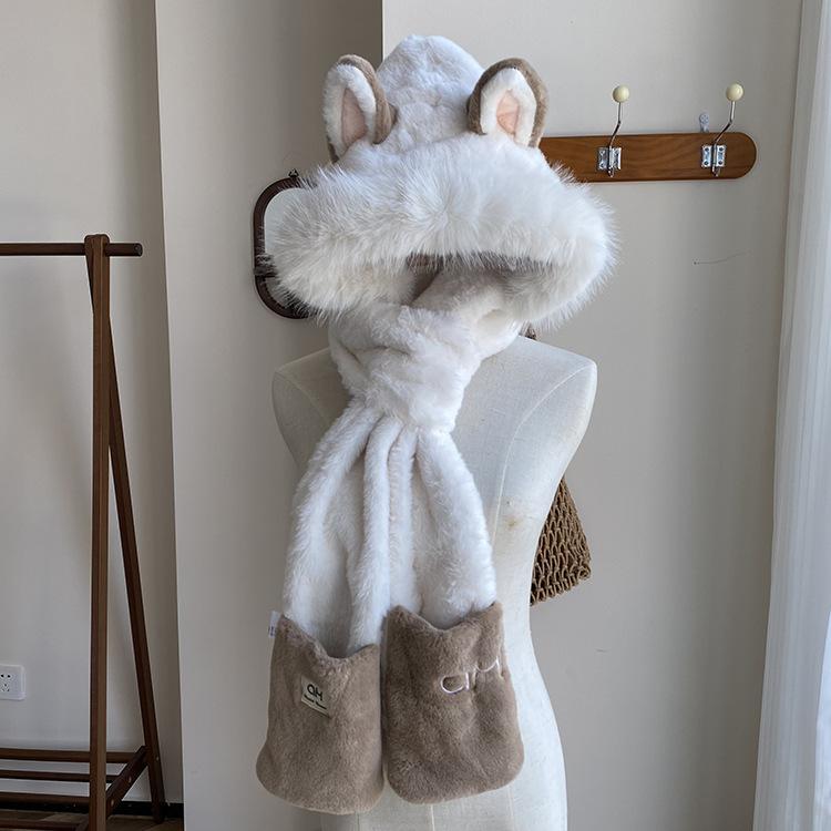 New winter fire fox ears warm plush ski scarf gloves integrated hat women's thickened three-piece set