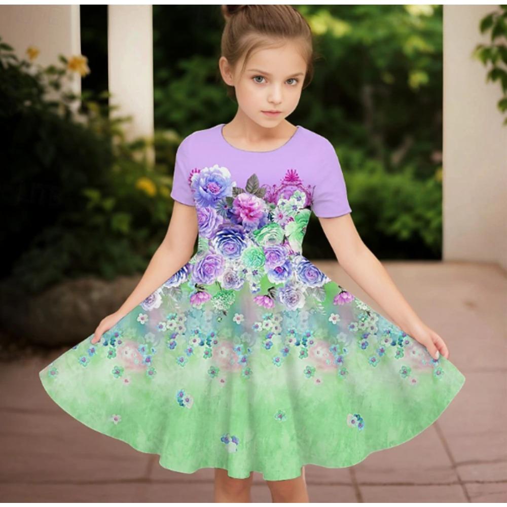 Girls 3D Print Dresses Kids Girl Party Short Sleeve Princess Dress Tank 3D Bouquet Print Dress