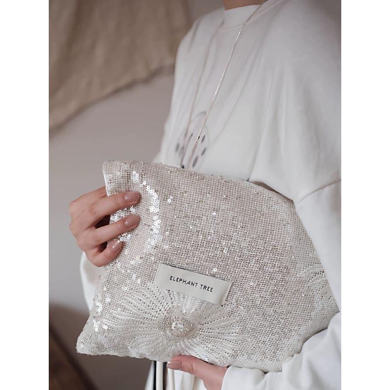 White Little Daisy Sequins Versatile Girls Shoulder Bag Commuter Canvas Bag Large Capacity Spring and Summer New Thin