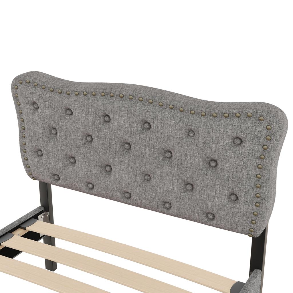 90*200 cm Low Bed, Upholstered Bed, Nightstand Upholstery with Decorative Rivets, Double Drawers, Grey