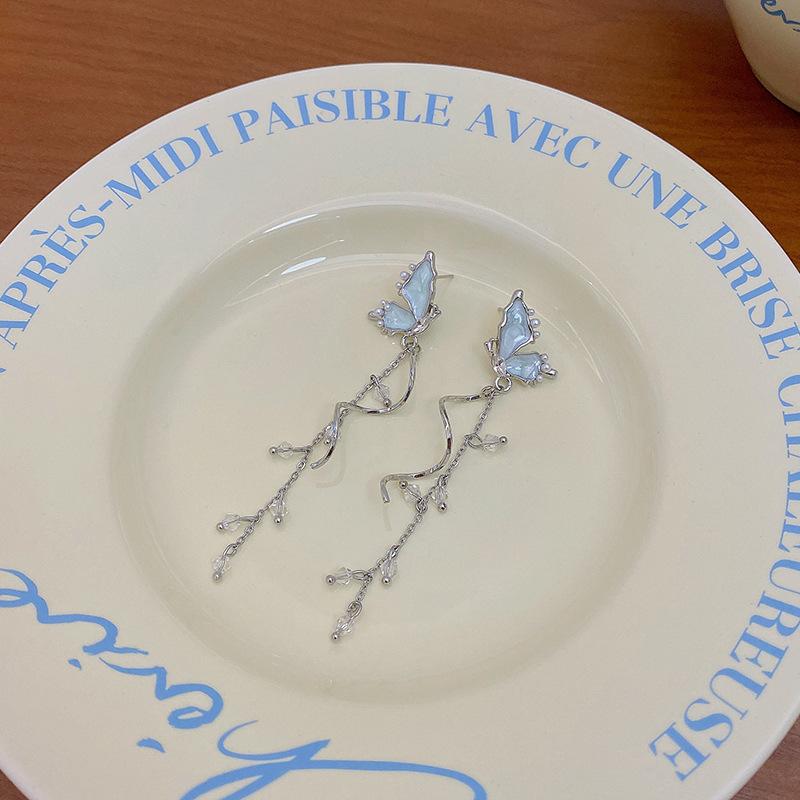 S Silver Needle Butterfly Tassel Earrings Women's Light Luxury Design Earrings Retro Super Immortal New Earrings