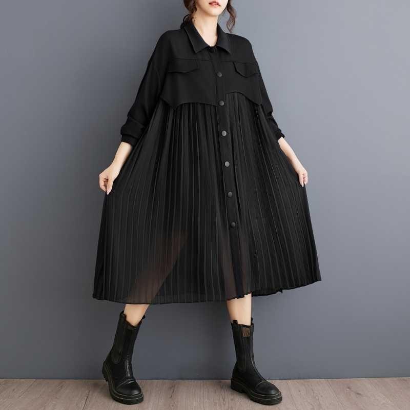 Niche Long Sleeve Loose Patchwork Pleated Dress