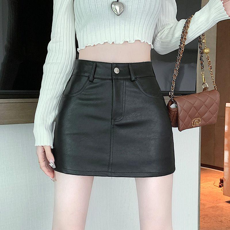 Plus Size Black PU A-line High Waist Skirt for Autumn/Winter