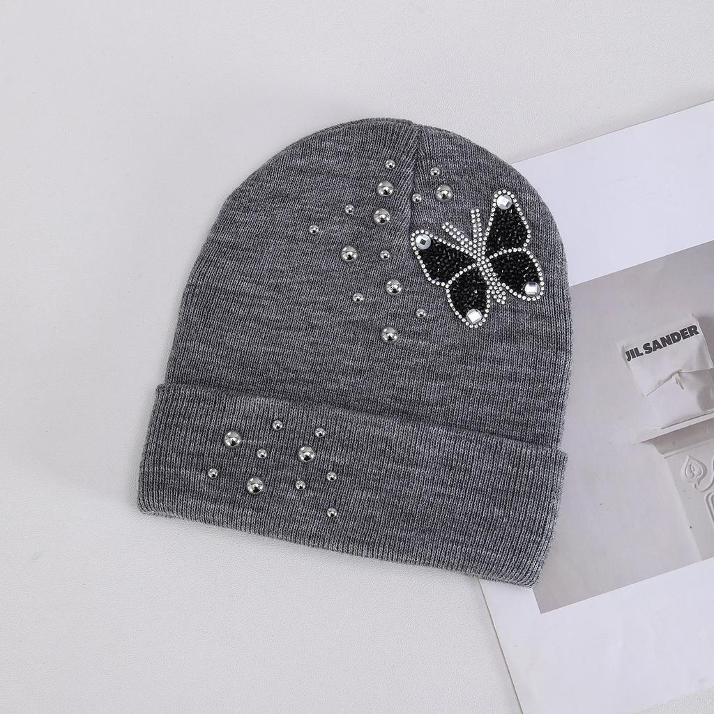 New knitted hat European and American fashion butterfly rhinestone thermal cover wool hat