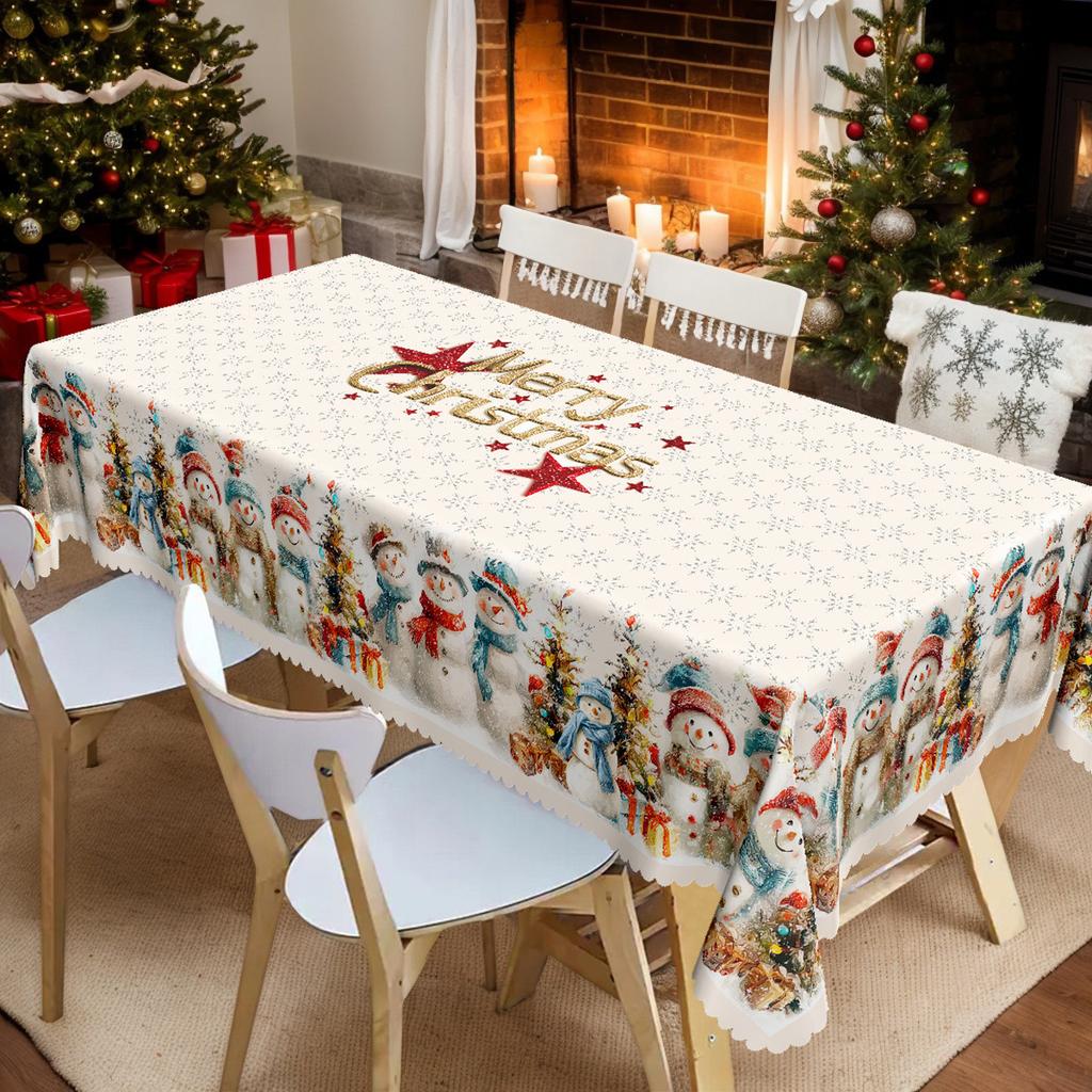 Tablecloth with Embossed Edges , Featuring a Merry Christmas Theme for Parties, Adorned with a Buffalo Check Bow, Poinsettias, Christmas Trees
