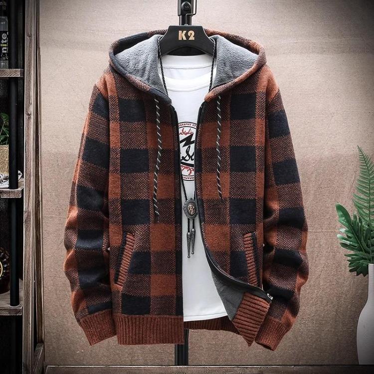 Warm Winter Men Fleece Hooded Sweater Knit Cardigan Plaid Jacket Coat M коричневый