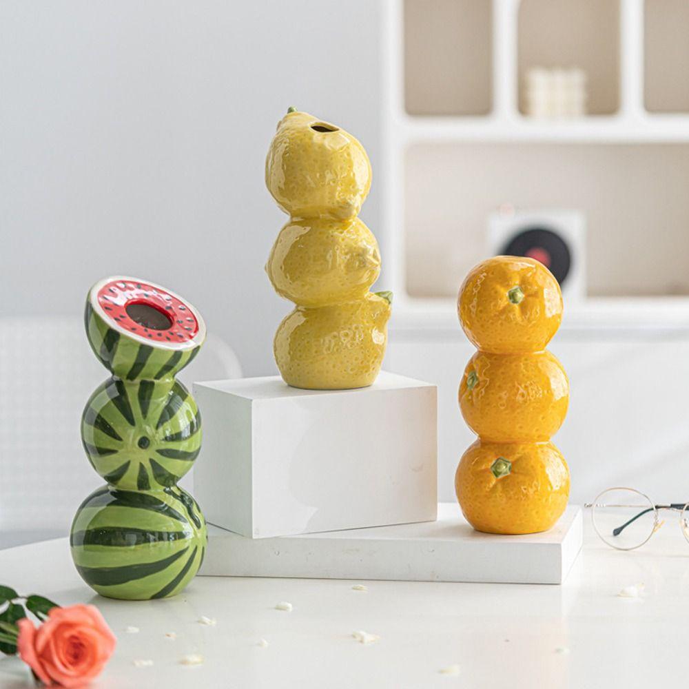 Orange Lemon Watermelon Fruit Model Vase Ceramic Crafts Flower Holder  Living Room Desktop