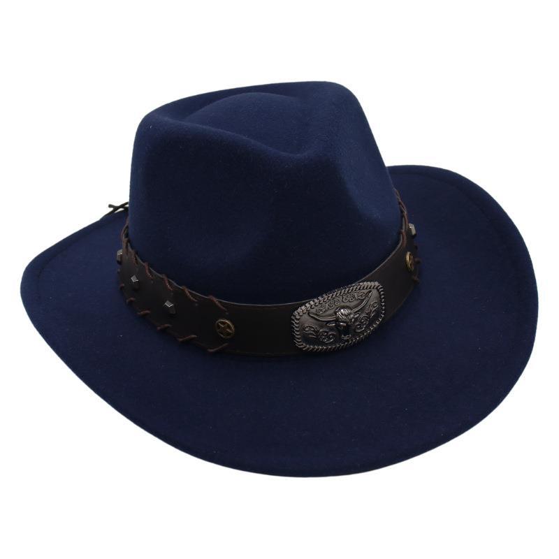 Gekreuztes Stierkopf-Abzeichen Zylinderhut Westlicher Cowboyhut Britischer Jazzhut Nationaler Stil Filzhut Ritterhut Elegant
