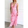 Dames V-hals Mouwloze Bloemenprint Maxi Jurk Middelhoge Taille Elegante Ruche Jurk