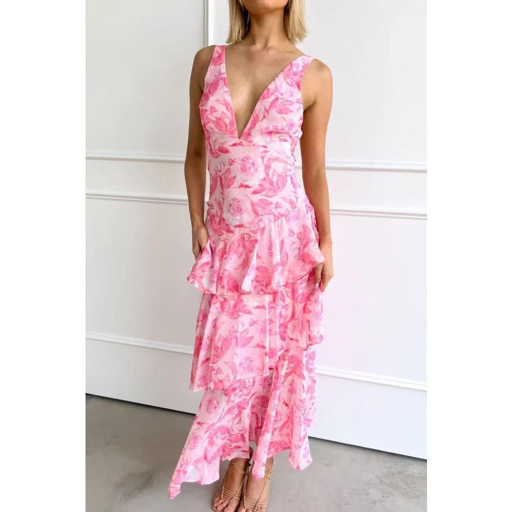 Dames V-hals Mouwloze Bloemenprint Maxi Jurk Middelhoge Taille Elegante Ruche Jurk