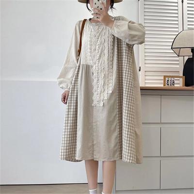 Spring Patchwork Lace Patch Plaid Dress Spring Retro Casual Loose Full Sleeve Women Dresses